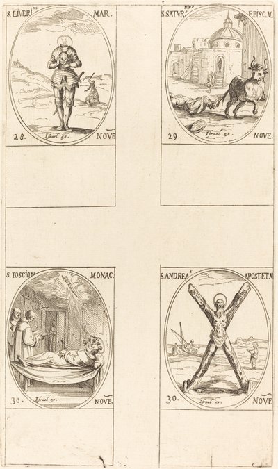 St. Liverius; St. Saturninus; St. T(I?) oscion; St. Andrew af Jacques Callot