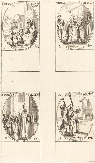 Sankt Simeon Salus; Visitationen; Deponering af Jomfruens Klæder; Sankt Hiacintus af Jacques Callot