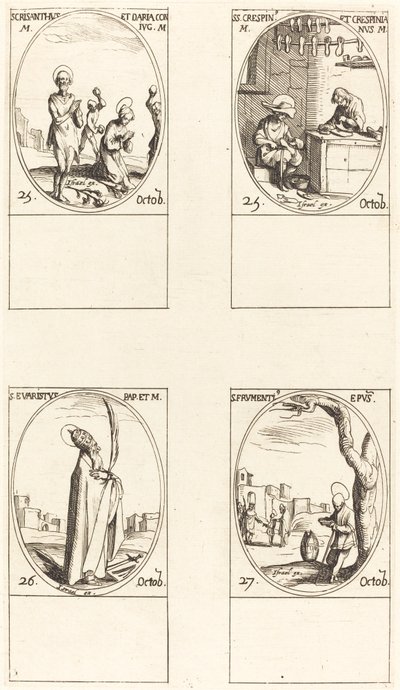 Sts. Chrysanthus og Daria; Sts. Crispin og Crispinian; St. Evaristus; Sankt Frumentius af Jacques Callot