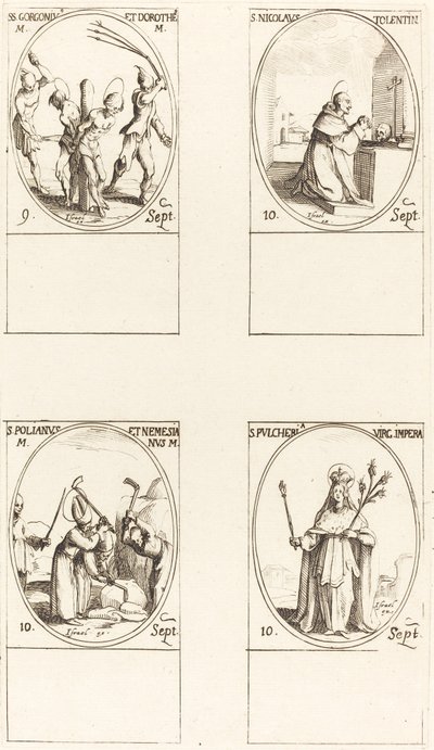 Hellige Gorgonius & Dorothy, St. Nicholas af Tolentino, St. Polianus & Nemesian, St. Pul. af Jacques Callot