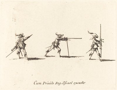 Indtagelse af skudposition med musketten af Jacques Callot
