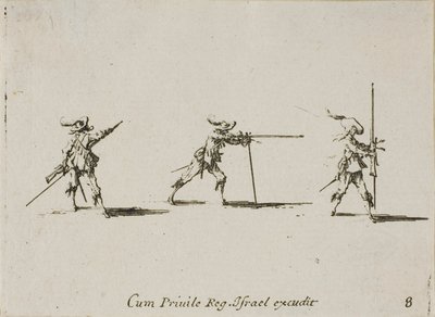 Indtager affyringspositionen med musketten, plade otte fra The Military Exercises af Jacques Callot