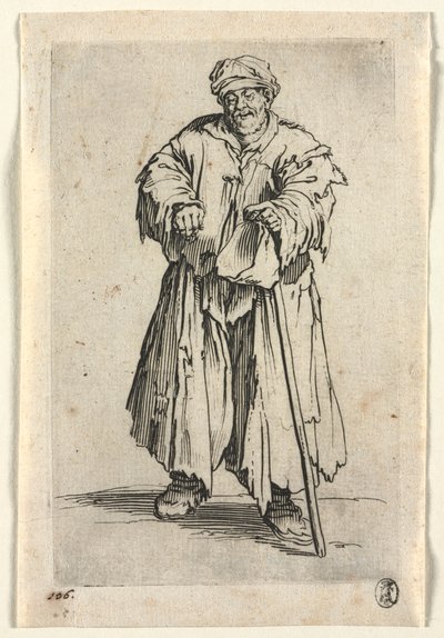 Tiggerne: Overvægtig tigger med sænkede øjne, ca. 1623. af Jacques Callot