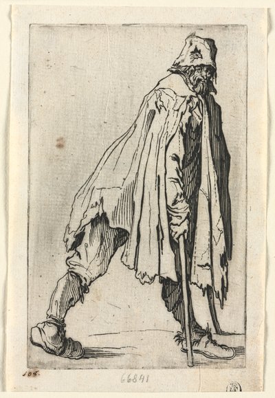 Tiggerne: Tiggeren på krykker, iført kasket, ca. 1623. af Jacques Callot