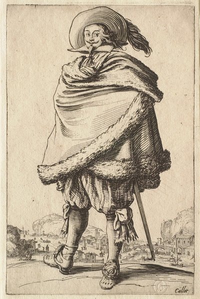 Herren svøbt i sin pelsbesatte frakke af Jacques Callot