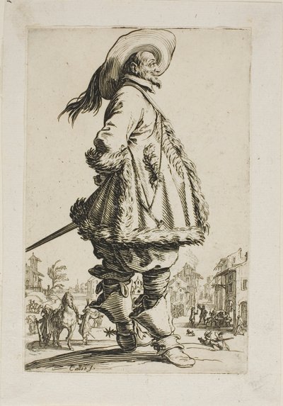 Herremanden i en pelsklippet kappe, holder hænderne bag ryggen, tallerken syv fra La Noblesse af Jacques Callot