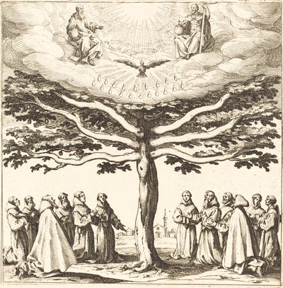 Den hellige treenighed i livets træ, tilbedt af franciskanere af Jacques Callot