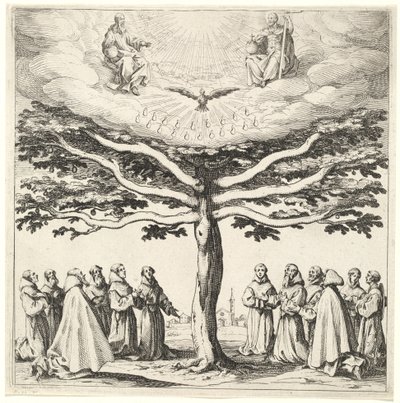 Den hellige treenighed i livets træ, tilbedt af franciskanere af Jacques Callot
