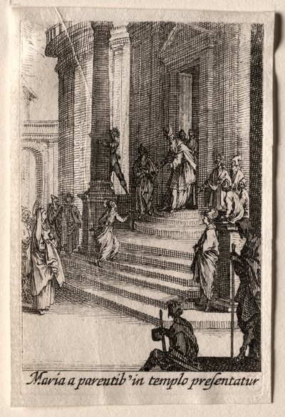 Jomfruens liv: Præsentationen af jomfruen i templet. af Jacques Callot
