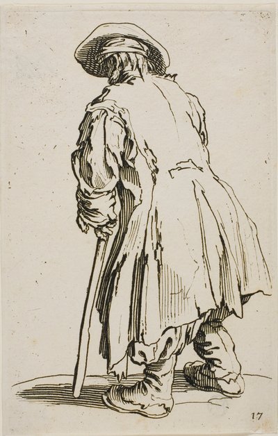 Den gamle tigger, der læner sig op ad sin krykke, tallerken sytten fra Tiggerne af Jacques Callot