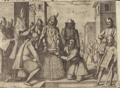 Dronningen lægger den første sten til de Fattige Clares Kirke i Spanien [verso] af Jacques Callot
