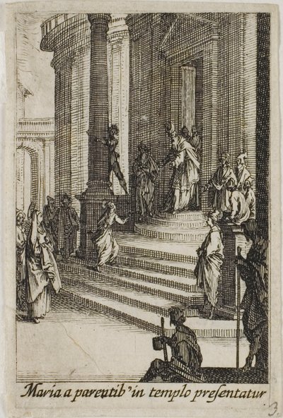 Jomfru Maria præsenteret ved templet, fra Jomfruens liv af Jacques Callot