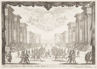 Tredje intermezzo, Slaget stoppes af kærlighedens ankomst med hendes Cortege af Jacques Callot