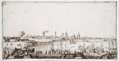 Udsigt over havnen i La Rochelle med galeoner, der affyrer en salut (pen og brunt blæk på papir) af Jacques Callot