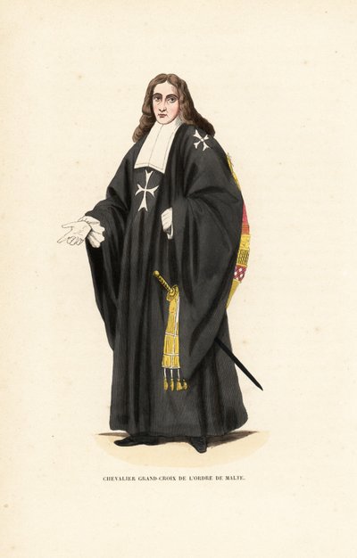 Grand Cross of the Knights Hospitaller, Order of Malta, Order of Knights of the Hospital of Saint John of Jerusalem, Chevalier Grand-Croix de l’Ordre de Malte. Håndfarvet træblokgravering efter en illustration af Jacques Charles Bar fra Abbot Tiron