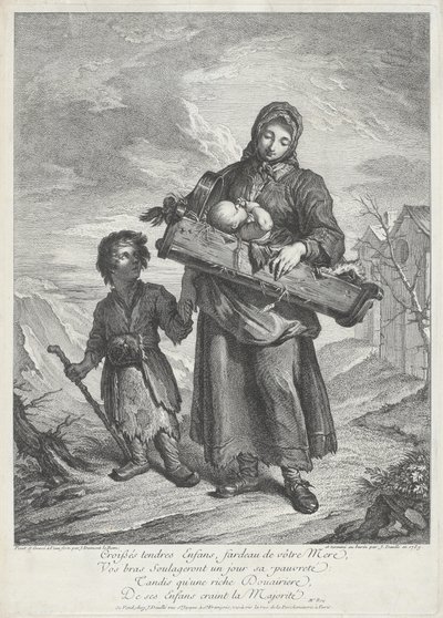 En ung mor, der bærer en tremmeseng af Jacques Dumont Le Romain, finished by Jean Daullé