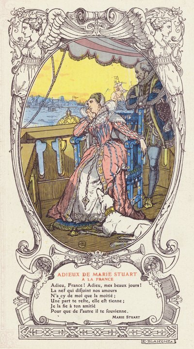 Mary, dronning af Skotland, tager afsked med Frankrig og vender tilbage til Skotland efter sin mand, kong Frans II af Frankrigs død af Jacques Emile (after) Blanche