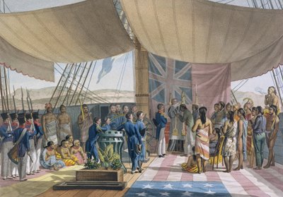 Sandwichøerne: Kongens premierministers dåb om bord på Uranie, fra Voyage Autour du Monde sur les Corvettes de LUranie 1817-20 graveret af Lerouge and Forget, udgivet 1825 ( af Jacques Etienne Victor Arago