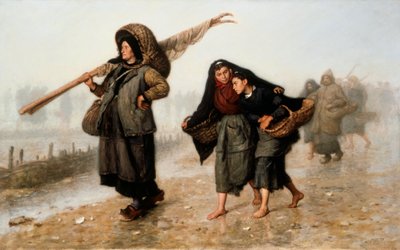 Skaldyrssamlerne. Bondekvinder, barfodede eller iført træsko, på vej hjem med deres kurve fulde af skaller og beskytter sig mod regnen. Maleri af Jacques Eugene Feyen (1815-1908). Olie på lærred. Privat samling. af Jacques Eugene Feyen