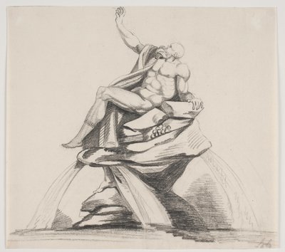 Mandlig skægget figur med gevandter set i profil m.v. på en fontæne af Jacques Francois Joseph Saly