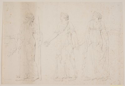 Offerhandling (?) Tre gående figurer i græske gevandter. Forrest en mand bærende en amfora og en stav eller fakkel, derefter to kvinder af Jacques Francois Joseph Saly