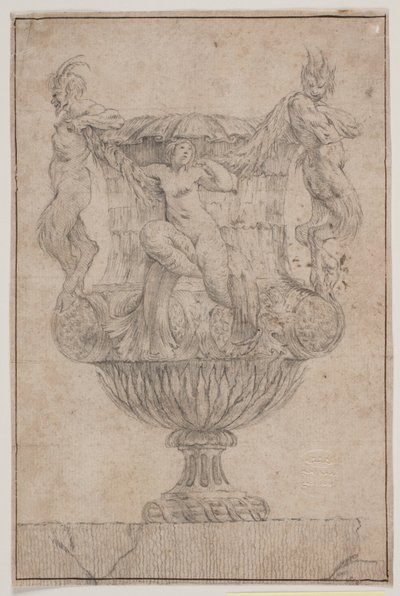 Prydvase med Pan, faun og nymfe. Kopi efter Pl. 14 i suiten af de i 1746 af Saly tegnede vaser. "Vasa a se inventa..." af Jacques Francois Joseph Saly
