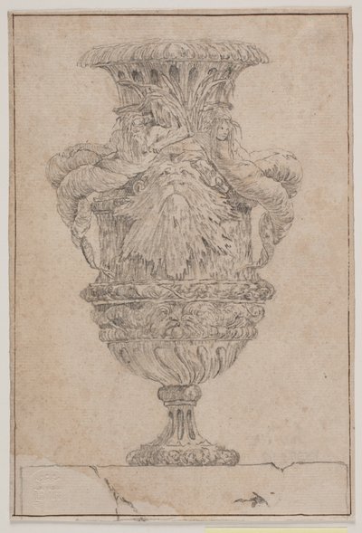 Prydvase med stort hoved, havgud og vandnymfe. Kopi efter Pl. 26 i suiten af de i 1746 af Saly tegnede vaser. "Vasa a se inventa..." af Jacques Francois Joseph Saly
