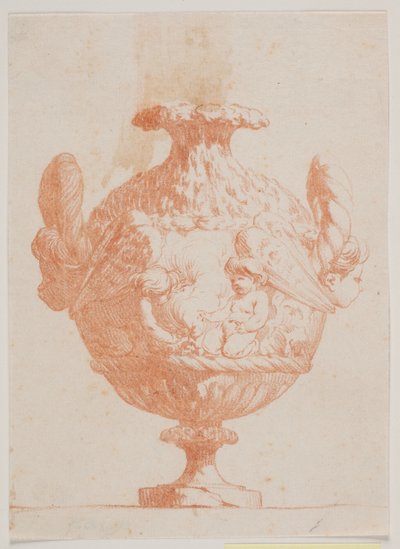 Prydvase med to hoveder og to putti. Kopi efter pl. 19 i suiten af de i 1746 f Saly tegnede vaser. "Vasa a se inventa..." af Jacques Francois Joseph Saly