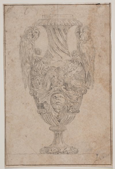 Prydvase med to ugler og et hoved. Kopi efter Pl. 15 i suiten af de i 1746 af Saly tegnede vaser, "Vasa a se inventa..." af Jacques Francois Joseph Saly