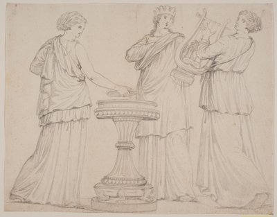 Tre kvinder i græske gevandter ved et alter. Kvinden t.v. med en tavle (?), i midten med en krone, t.h. med en lyre (terpsichore?) af Jacques Francois Joseph Saly