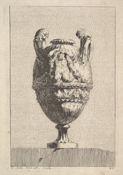 Vase med en mandlig sirene, der holder en krans op, fra: Vaser, 1746. af Jacques Francois Joseph Saly