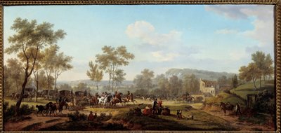Et løb i nærheden af Longchamps Attelages og ryttere i det parisiske landskab. Maleri af Jacques Francois Joseph Swebach Dit Fontaine (eller Desfontaines af Jacques Francois Joseph Swebach