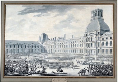 Revue des troupes af Napoleon Bonaparte (1769-1821) ved Tuilerierne Gravering af Jacques Swebach dit Fontaine (1769-1823) Paris fra det 19. århundrede, Musee Carnavalet af Jacques Francois Joseph Swebach