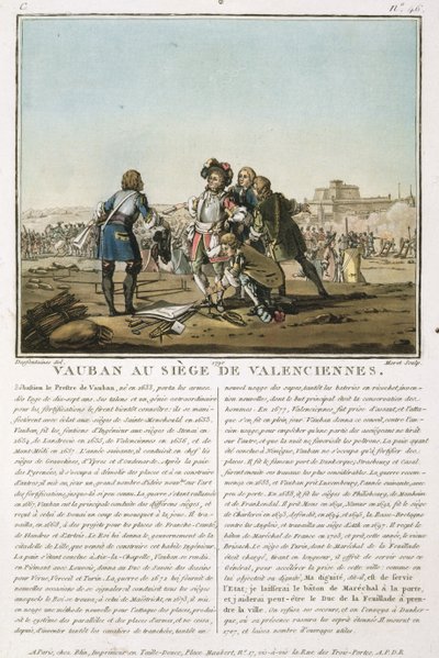 Sebastien le Prestre de Vauban (1633-1707) under belejringen af Valenciennes (1677), graveret af Jean Baptiste Morret (fl.1790-1820), 1790 (farvelitografi) af Jacques Francois Joseph Swebach