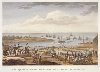 Englændernes indskibning i Holland, 30. november 1799, indgraveret af Louis Francois Couche (1782-1849) (akvatint) af Jacques Francois Joseph Swebach