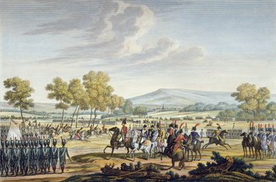 Den kejserlige garde manøvrerer i nærvær af de to kejsere ved Tilsit, 28. juni 1807, indgraveret af Edme Bovinet (1767-1832) (akvatint) af Jacques Francois Joseph Swebach