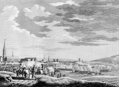 Den franske revolutions krig og antirevolutionære bevægelser: Fransk sejr i slaget ved Hondschoote nær Dunkerque mod de britiske og østrigske antirevolutionære tropper i 1793. Indgravering af Berthaut efter Swebach. Paris, Instituttets bibliotek af Jacques Francois Joseph Swebach