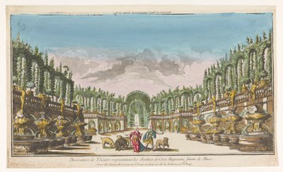 Udsigt over Circe .s have Decoration de théatre, repræsentativ les jardins de Circe (titel på objekt) af Jacques Gabriel Huquier