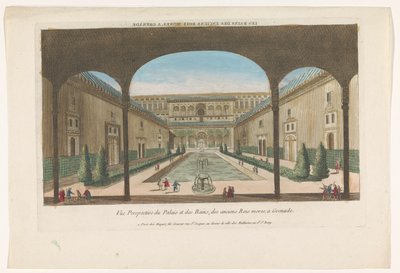 Udsigt over en gårdhave med springvand fra Alhambra i Granada Les bains des enciens rois Mores, en granat (titel på objekt) af Jacques Gabriel Huquier