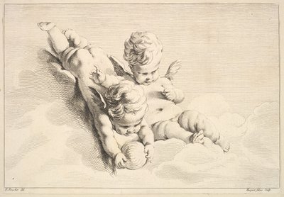 Two Cupids, One Holding a Ball, midten til slutningen af det 18. århundrede. af Jacques Gabriel Huquier