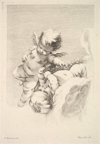 Two Cupids, One Holding a Wreath, midten til slutningen af det 18. århundrede. af Jacques Gabriel Huquier