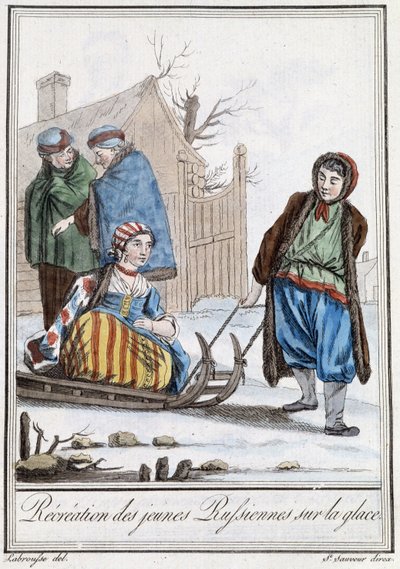 Rekreation af unge russere på kælk (russere) - i "" Encyclopedia of Travels"" af Grasset Saint Sauveur, red. Paris 1796 af Jacques Grasset de Saint-Sauveur