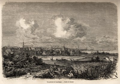 Generelt billede af København, tegning af Jacques Guiaud (1810-1876), til illustration af J.M.Dargauds rejse til Danmark (1800-1860), i 1860. Indgravering i “” Le tour du monde””, redigeret af Edouard Charton af Jacques Guiaud