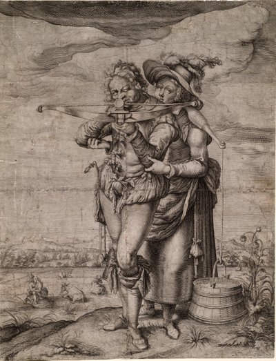 The Crossbowman and the Milkmaid - The Crossbowman and the Milkmaid - Gheyn, Jacques de, den yngre (Jacob De Gheyn II, dit le Jeune) (1565-1629) - ca. 1610 - Kobberstik - 39,3x30 - Privat Samling af Jacques II de Gheyn