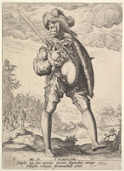 Soldat, bevæbnet med bredsværd og skjold, fra officerer og soldater, 1587. af Jacques II de Gheyn