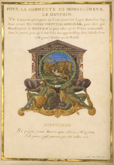 Ms. 11 (4) f.5, Emblem for Ludvig XIV, ca. 1663-68 (gouache & guld på pergament) af Jacques I Bailly