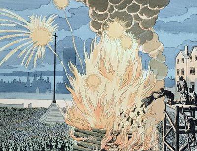 Katte kastet i bålet på Place de Greve, Paris, natten til sommersolhverv, illustration fra "Le Bon Roi Henri" af Abel Hermant (1862-1950), ca. 1900 (farvestik) af Jacques Marie Gaston Onfray de Breville (Job)