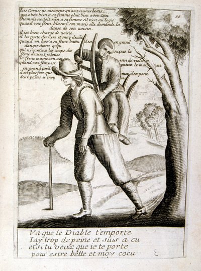 Graveret illustration fra det 17. århundrede fra en samling ordsprog. Paris 1657-1663. Af Jacques Lagniet (1620-1675). Fransk kobberstikker. Fra ham stammer mange samfundskritiske stik og hånlige billeder som hans til tider groteske og fantastiske illustra af Jacques Lagniet