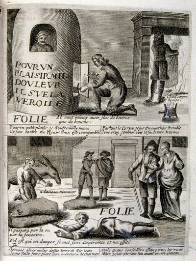 Graveret illustration fra det 17. århundrede fra en samling ordsprog. Paris 1657-1663. Af Jacques Lagniet (1620-1675). Fransk kobberstikker. Fra ham stammer mange samfundskritiske stik og hånlige billeder som hans til tider groteske og fantastiske illustra af Jacques Lagniet