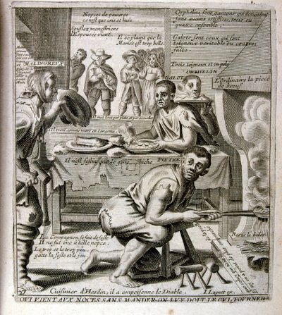 Graveret illustration fra det 17. århundrede fra en samling ordsprog. Paris 1657-1663. Af Jacques Lagniet (1620-1675). Fransk kobberstikker. Fra ham stammer mange samfundskritiske stik og hånlige billeder som hans til tider groteske og fantastiske illustra af Jacques Lagniet